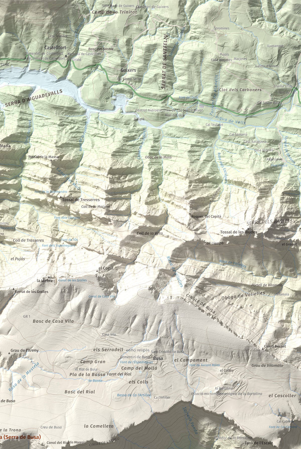 Mapa de relieve de la Guàrdia (Serra de Busa), 1448 m, Solsonès, lámina 100 Cims de Trobart. Detalle de la zona superior derecha. 61 × 91 cm.