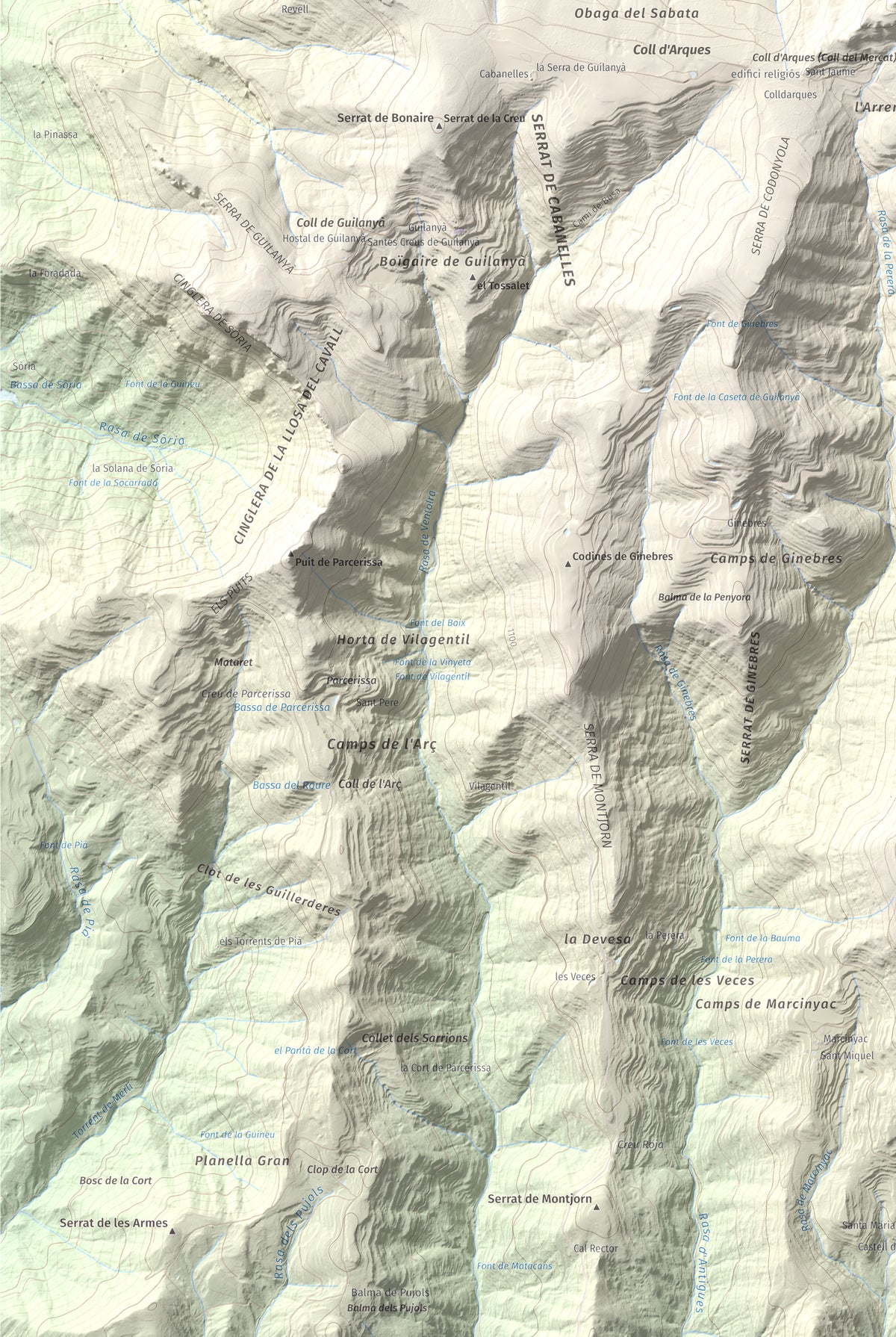 Mapa de relieve de la Guàrdia (Serra de Busa), 1448 m, Solsonès, lámina 100 Cims de Trobart. Detalle de la zona inferior izquierda. 61 × 91 cm.