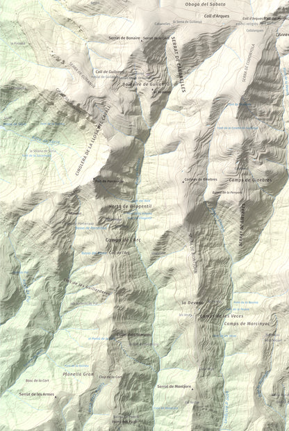 Mapa de relieve de la Guàrdia (Serra de Busa), 1448 m, Solsonès, lámina 100 Cims de Trobart. Detalle de la zona inferior izquierda. 61 × 91 cm.