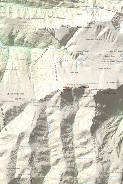 Mapa de relieve de la Guàrdia (Serra de Busa), 1448 m, Solsonès, lámina 100 Cims de Trobart. Detalle de la zona central. 61 × 91 cm.
