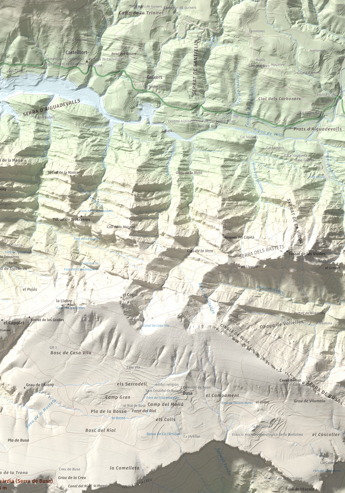 Mapa de relieve de la Guàrdia (Serra de Busa), 1448 m, Solsonès, lámina 100 Cims de Trobart. Detalle de la zona superior derecha. 70 × 100 cm.