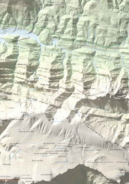 Mapa de relieve de la Guàrdia (Serra de Busa), 1448 m, Solsonès, lámina 100 Cims de Trobart. Detalle de la zona superior derecha. 70 × 100 cm.