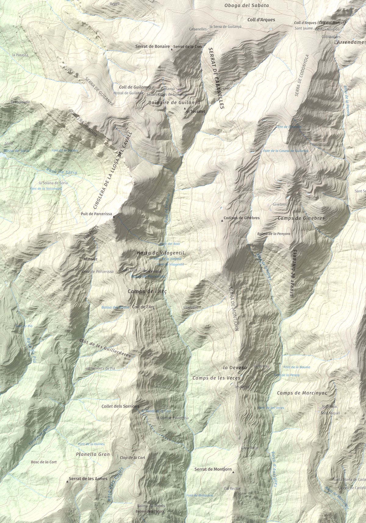 Mapa de relieve de la Guàrdia (Serra de Busa), 1448 m, Solsonès, lámina 100 Cims de Trobart. Detalle de la zona inferior izquierda. 70 × 100 cm.