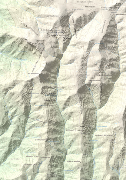 Mapa de relieve de la Guàrdia (Serra de Busa), 1448 m, Solsonès, lámina 100 Cims de Trobart. Detalle de la zona inferior izquierda. 70 × 100 cm.