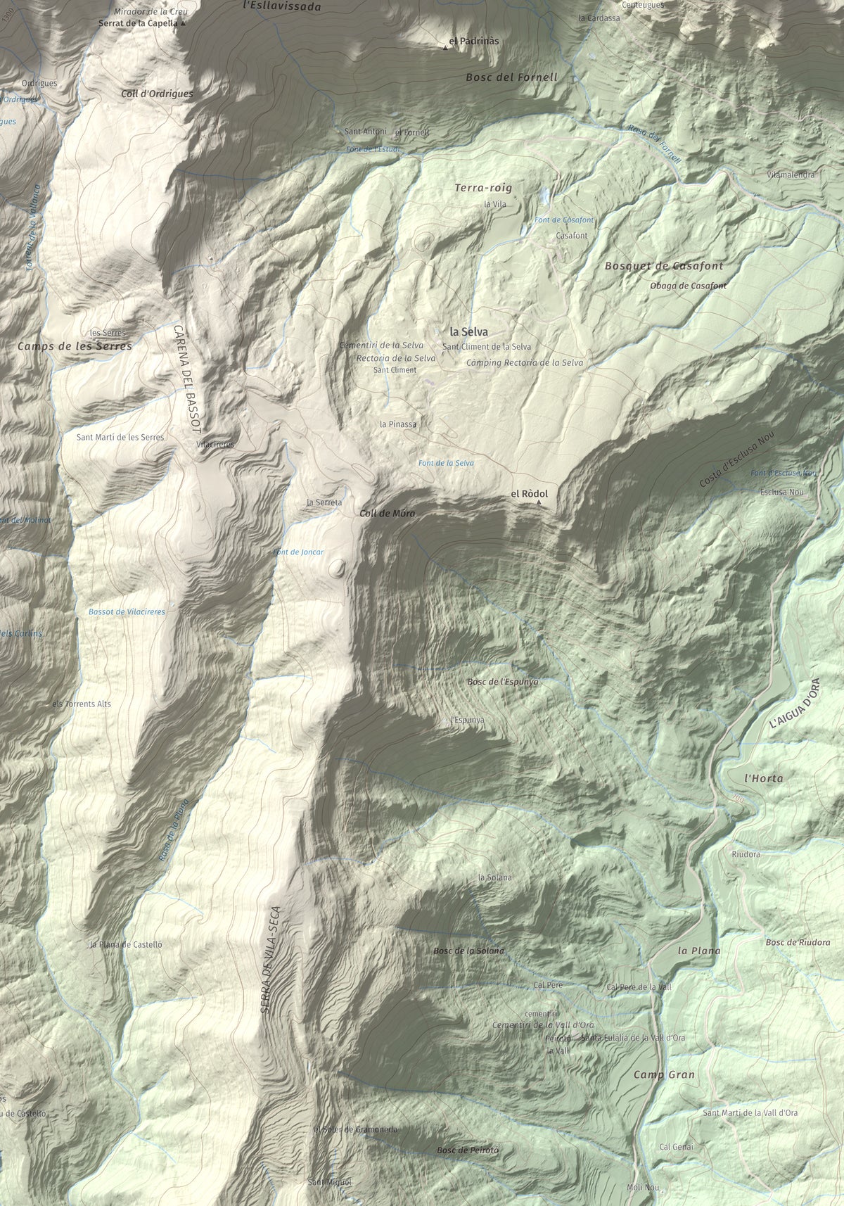 Mapa de relieve de la Guàrdia (Serra de Busa), 1448 m, Solsonès, lámina 100 Cims de Trobart. Detalle de la zona inferior derecha. 70 × 100 cm.