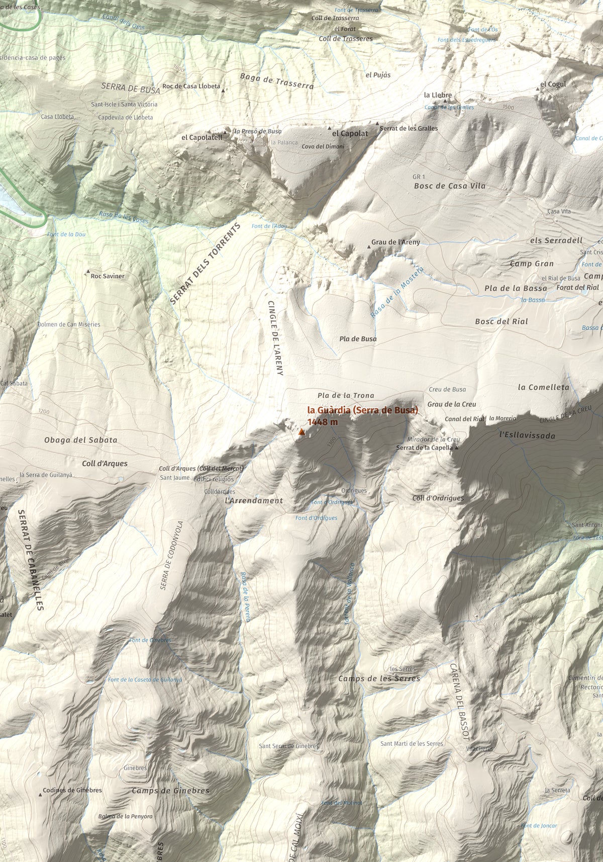 Mapa de relieve de la Guàrdia (Serra de Busa), 1448 m, Solsonès, lámina 100 Cims de Trobart. Detalle de la zona central. 70 × 100 cm.
