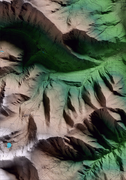 Mapa artístico del relieve de la Guingueta d'Àneu, al Pallars Sobirà, con 15 km de entorno y base topográfica ICGC. Detalle de la zona inferior izquierda.