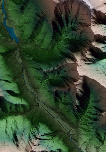 Mapa artístico del relieve de la Guingueta d'Àneu, al Pallars Sobirà, con 15 km de entorno y base topográfica ICGC. Detalle de la zona inferior derecha.
