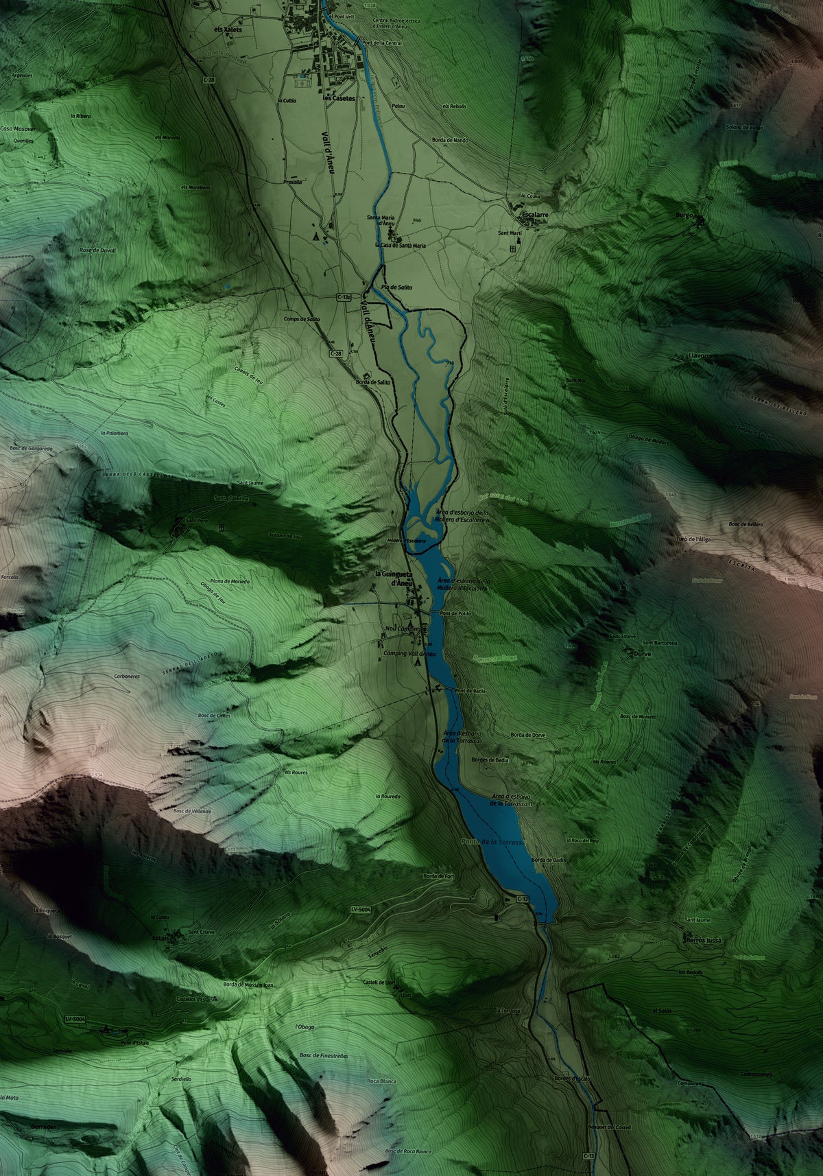 Mapa artístico del relieve de la Guingueta d'Àneu, al Pallars Sobirà, con 15 km de entorno y base topográfica ICGC. Detalle de la zona central.