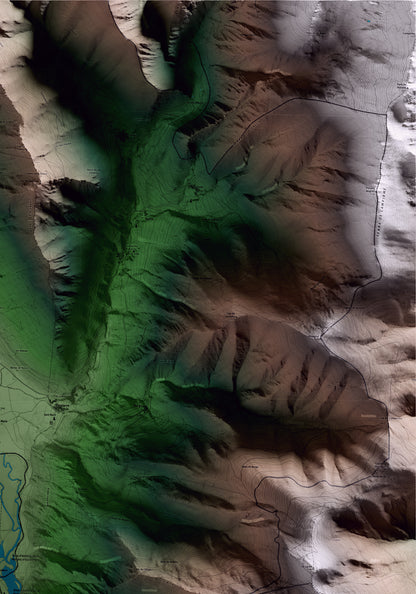 Mapa artístico del relieve de la Guingueta d'Àneu, al Pallars Sobirà, con 15 km de entorno y base topográfica ICGC. Detalle de la zona superior derecha.