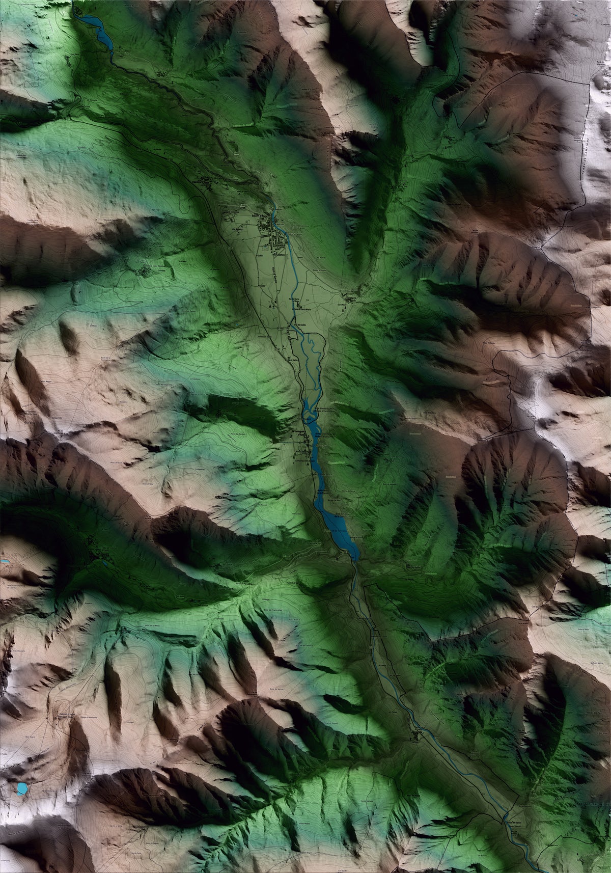 Mapa artístico del relieve de la Guingueta d'Àneu, al Pallars Sobirà, con 15 km de entorno y base topográfica ICGC