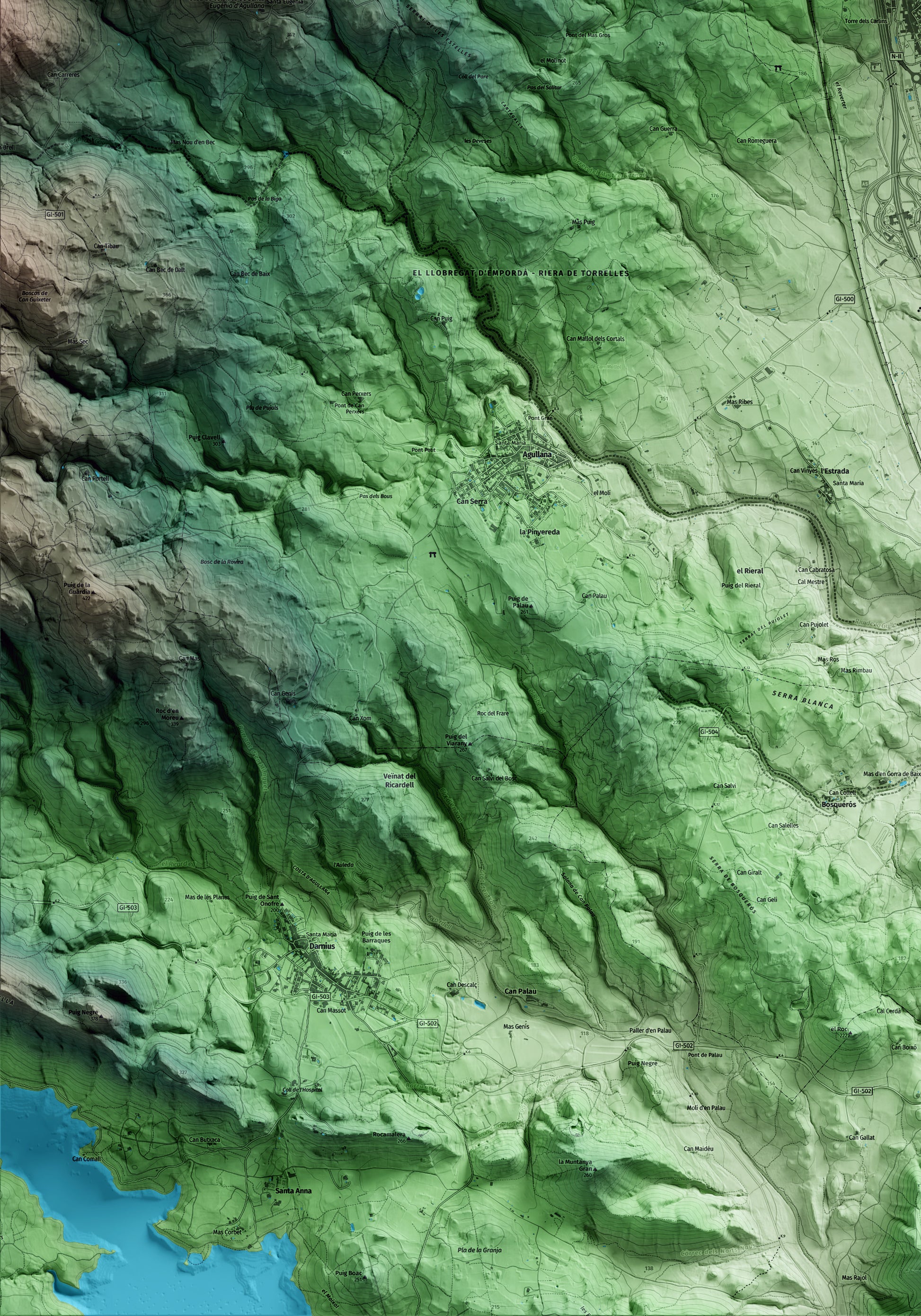 Mapa artístico del relieve de la Jonquera, al Alt Empordà, con 15 km de entorno y base topográfica ICGC. Detalle de la zona inferior izquierda.