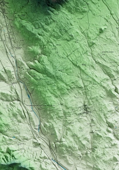 Mapa artístico del relieve de la Jonquera, al Alt Empordà, con 15 km de entorno y base topográfica ICGC. Detalle de la zona inferior derecha.