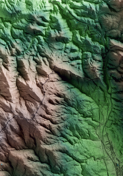 Mapa artístico del relieve de la Jonquera, al Alt Empordà, con 15 km de entorno y base topográfica ICGC. Detalle de la zona superior izquierda.