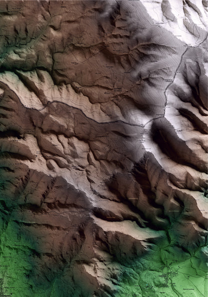 Mapa artístico del relieve de la Jonquera, al Alt Empordà, con 15 km de entorno y base topográfica ICGC. Detalle de la zona superior derecha.