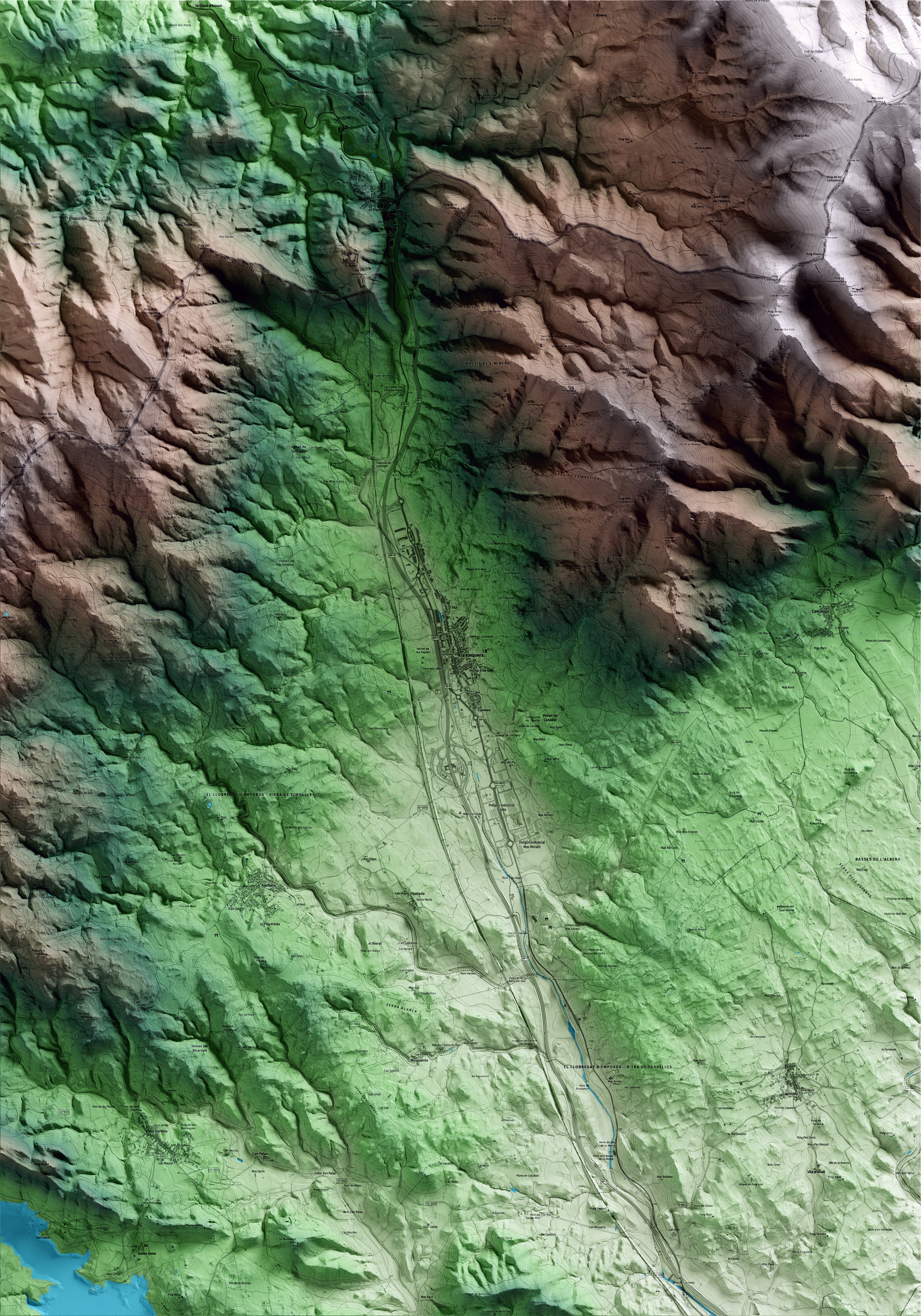 Mapa artístico del relieve de la Jonquera, al Alt Empordà, con 15 km de entorno y base topográfica ICGC