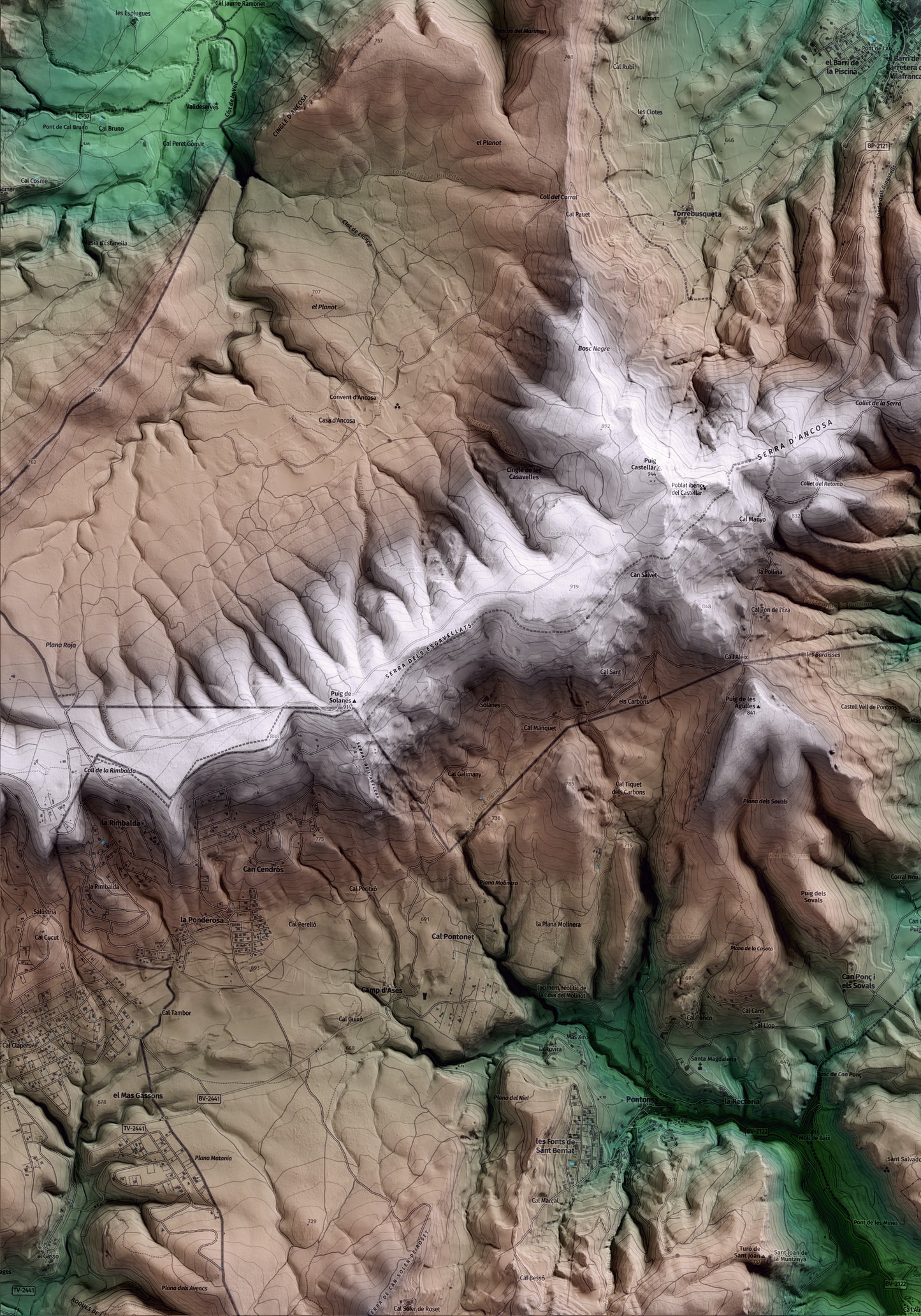 Mapa artístico del relieve de la Llacuna, al Anoia, con 15 km de entorno y base topográfica ICGC. Detalle de la zona inferior izquierda.