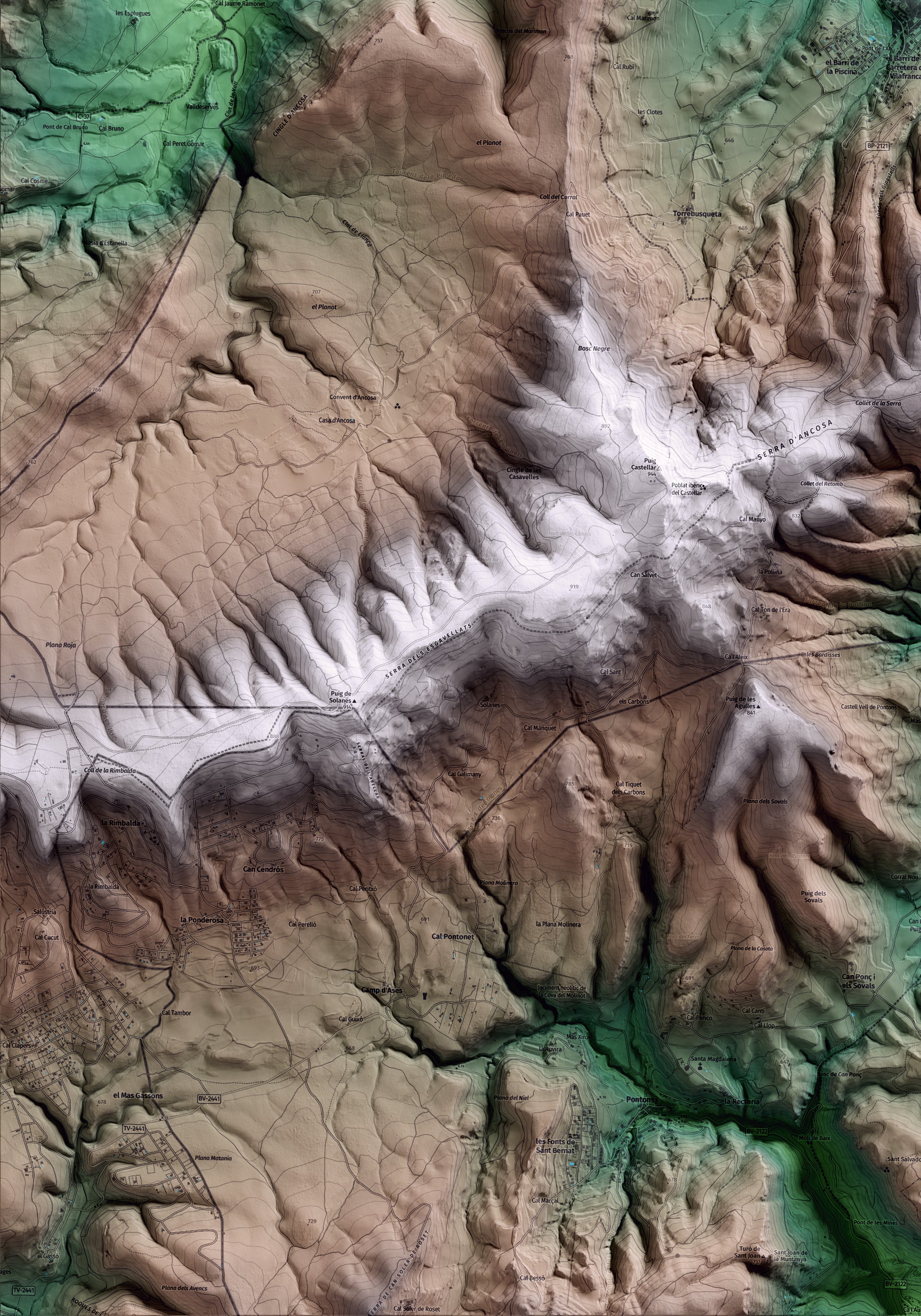 Mapa artístico del relieve de la Llacuna, al Anoia, con 15 km de entorno y base topográfica ICGC. Detalle de la zona inferior izquierda.
