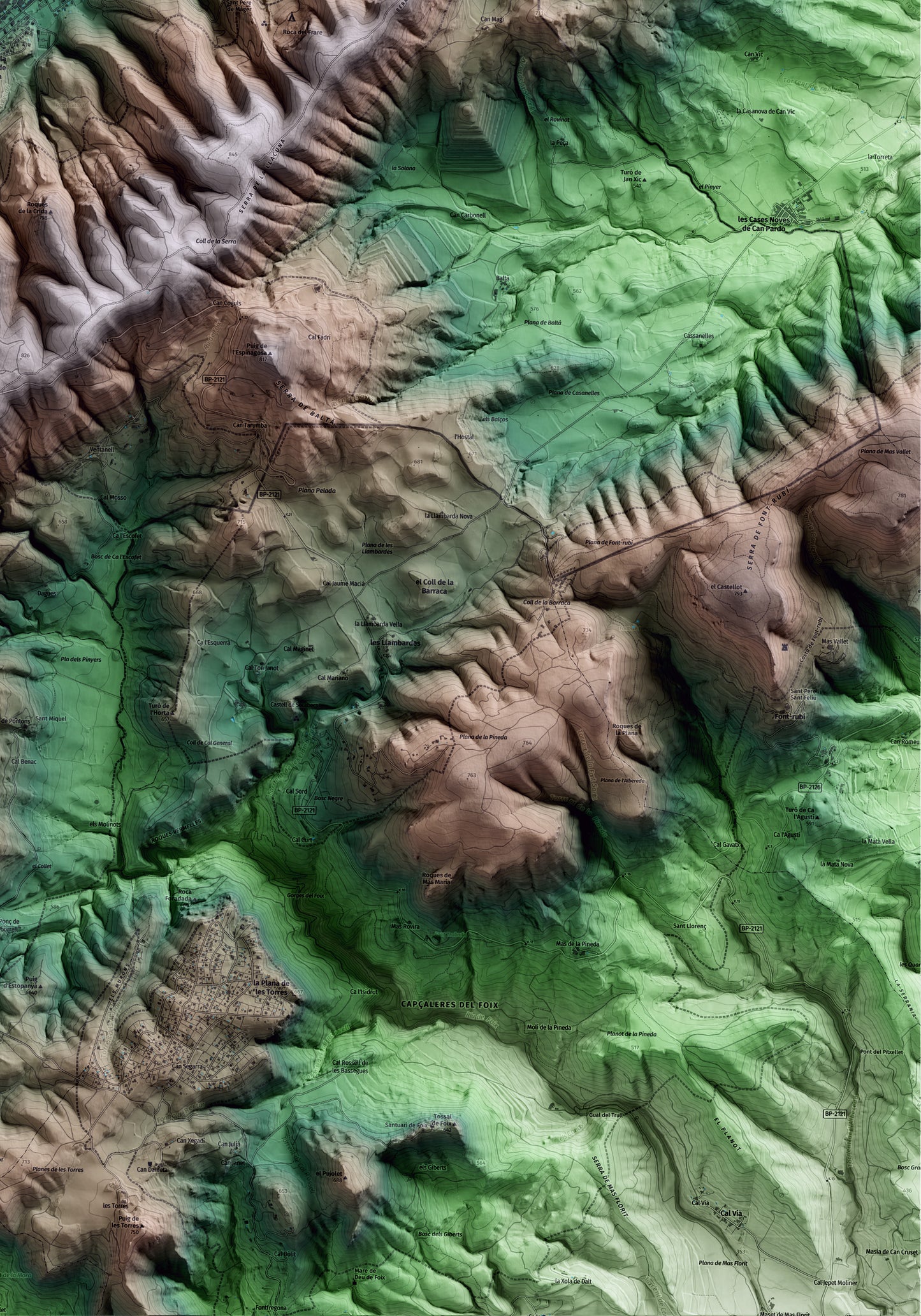 Mapa artístico del relieve de la Llacuna, al Anoia, con 15 km de entorno y base topográfica ICGC. Detalle de la zona inferior derecha.