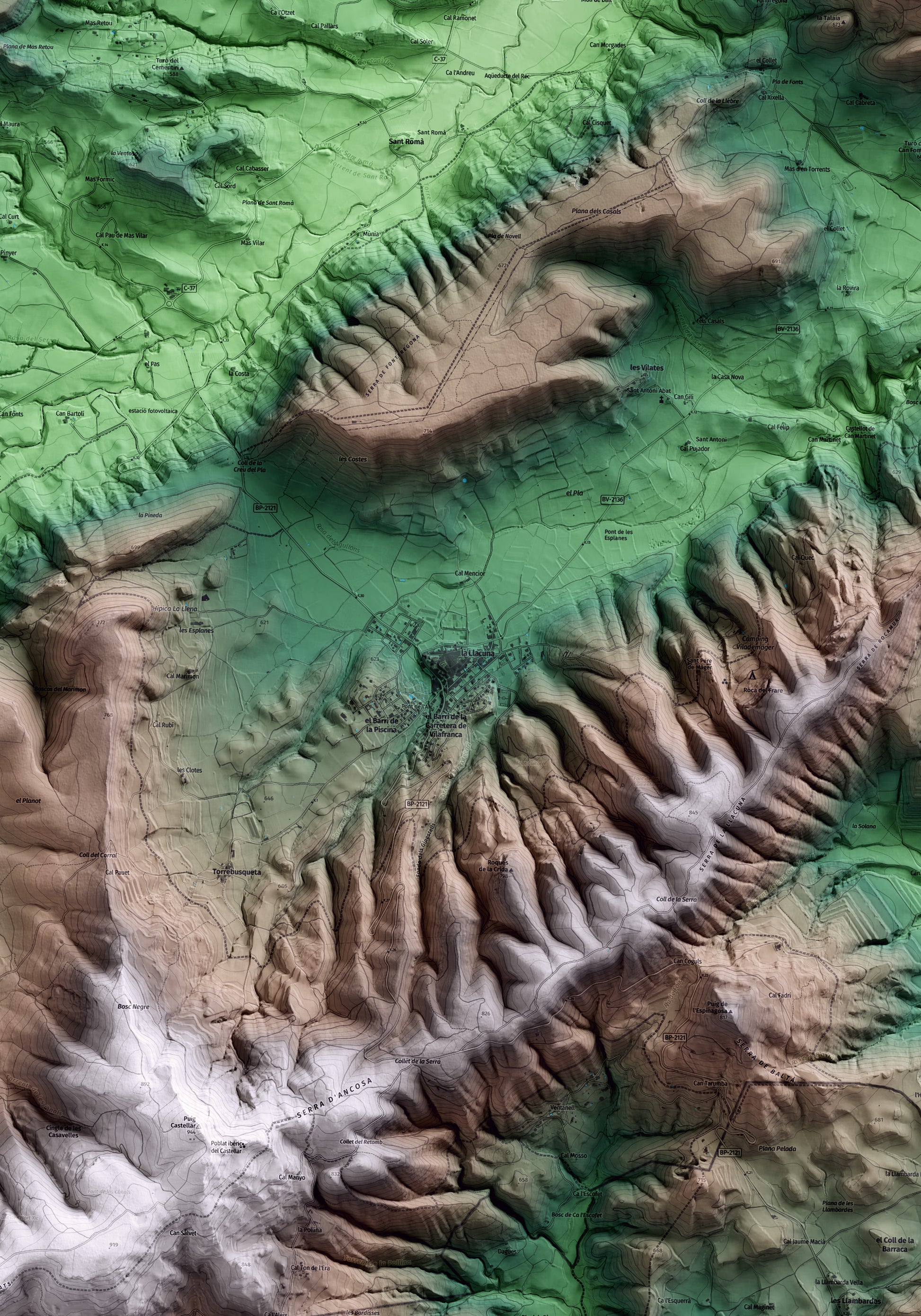 Mapa artístico del relieve de la Llacuna, al Anoia, con 15 km de entorno y base topográfica ICGC. Detalle de la zona central.