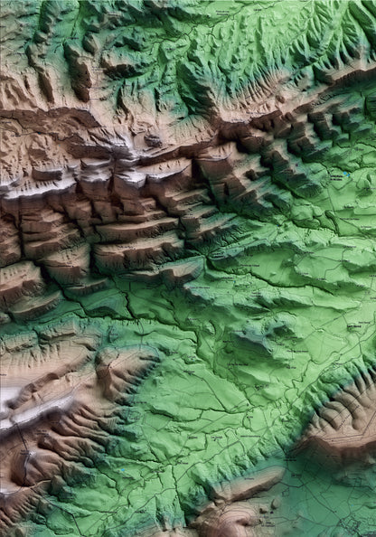 Mapa artístico del relieve de la Llacuna, al Anoia, con 15 km de entorno y base topográfica ICGC. Detalle de la zona superior izquierda.