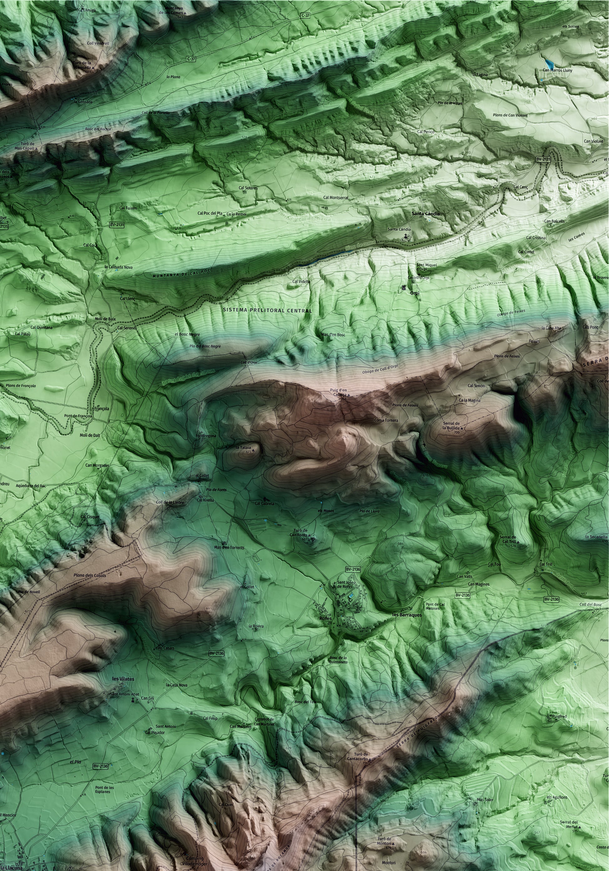 Mapa artístico del relieve de la Llacuna, al Anoia, con 15 km de entorno y base topográfica ICGC. Detalle de la zona superior derecha.