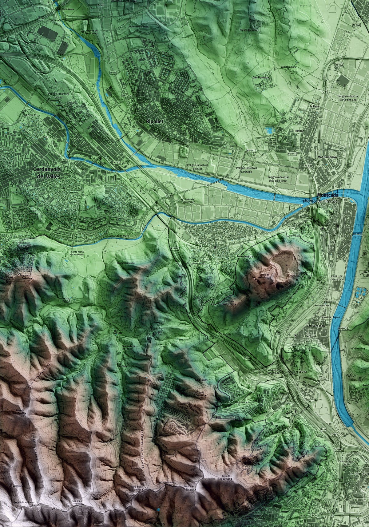 Mapa artístico del relieve de la Llagosta, al Vallès Oriental, con 15 km de entorno y base topográfica ICGC. Detalle de la zona inferior izquierda.