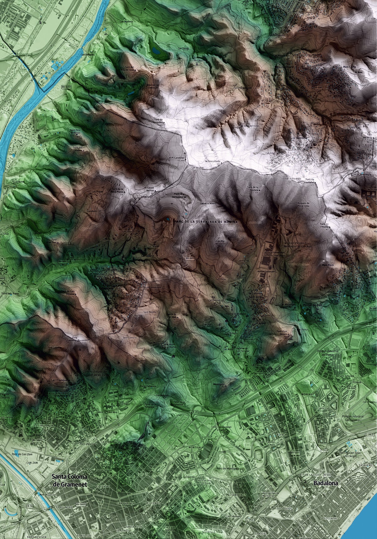 Mapa artístico del relieve de la Llagosta, al Vallès Oriental, con 15 km de entorno y base topográfica ICGC. Detalle de la zona inferior derecha.