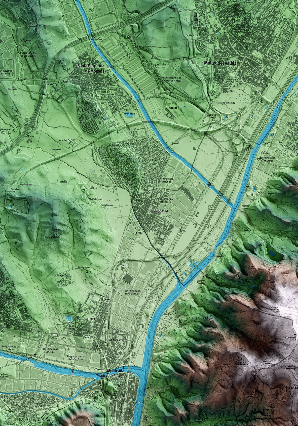 Mapa artístico del relieve de la Llagosta, al Vallès Oriental, con 15 km de entorno y base topográfica ICGC. Detalle de la zona central.