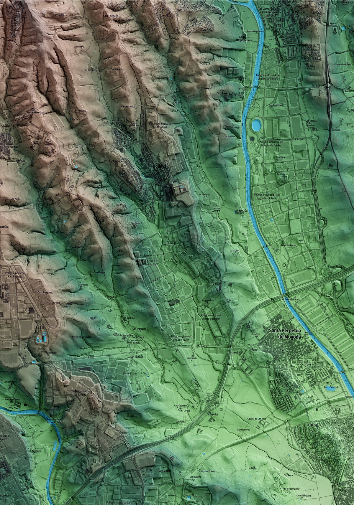 Mapa artístico del relieve de la Llagosta, al Vallès Oriental, con 15 km de entorno y base topográfica ICGC. Detalle de la zona superior izquierda.