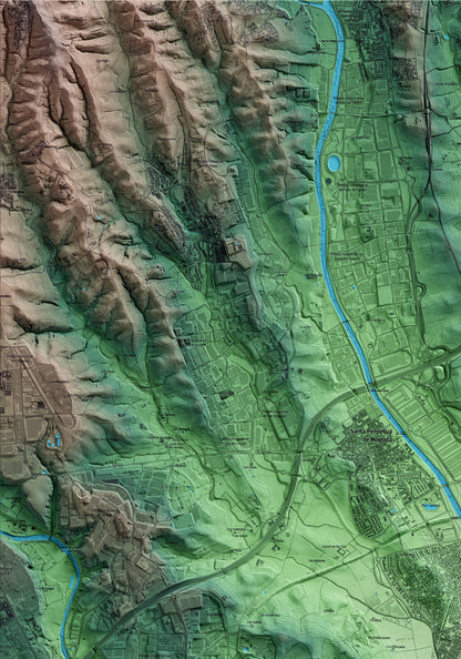 Mapa artístico del relieve de la Llagosta, al Vallès Oriental, con 15 km de entorno y base topográfica ICGC. Detalle de la zona superior izquierda.