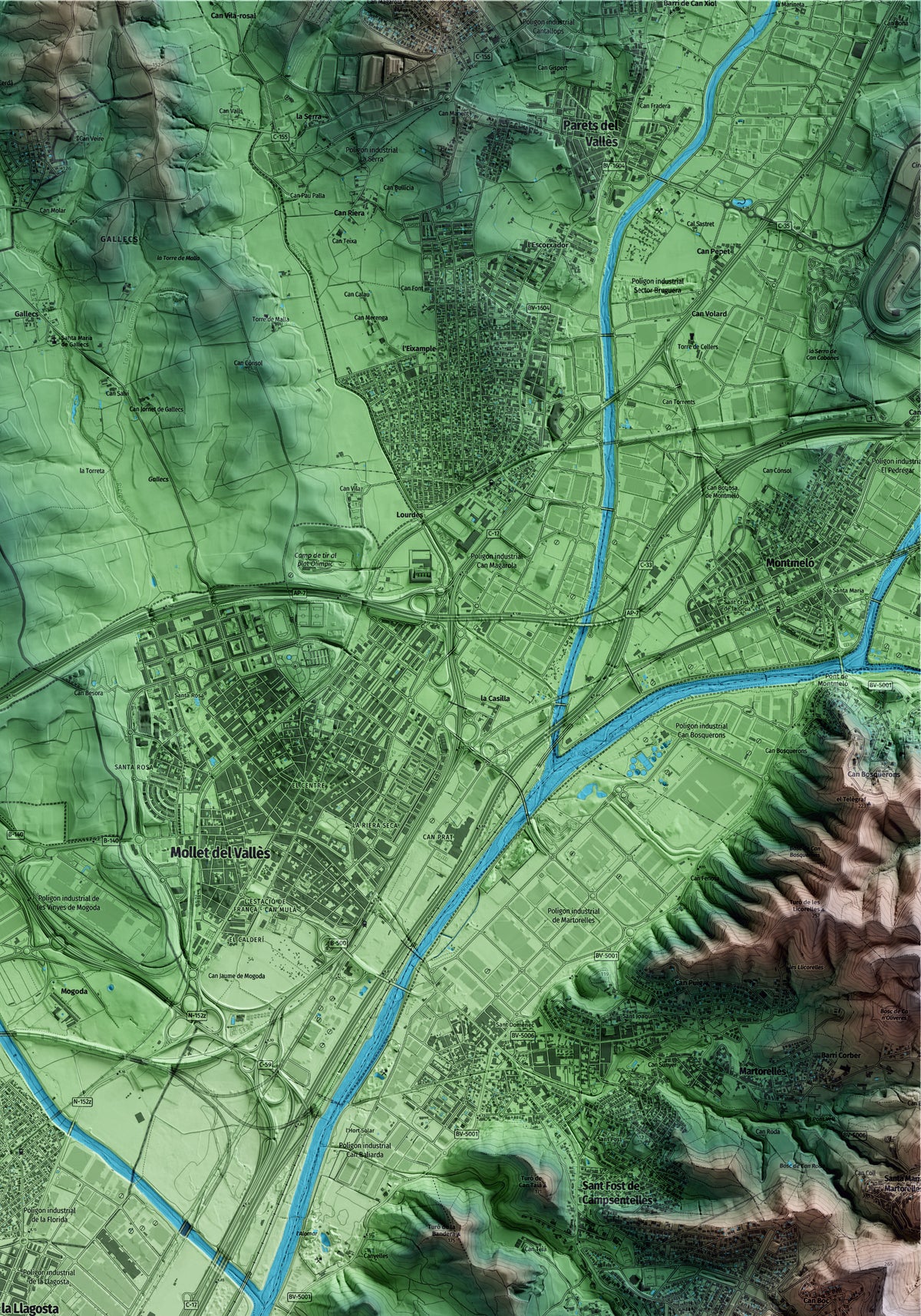 Mapa artístico del relieve de la Llagosta, al Vallès Oriental, con 15 km de entorno y base topográfica ICGC. Detalle de la zona superior derecha.