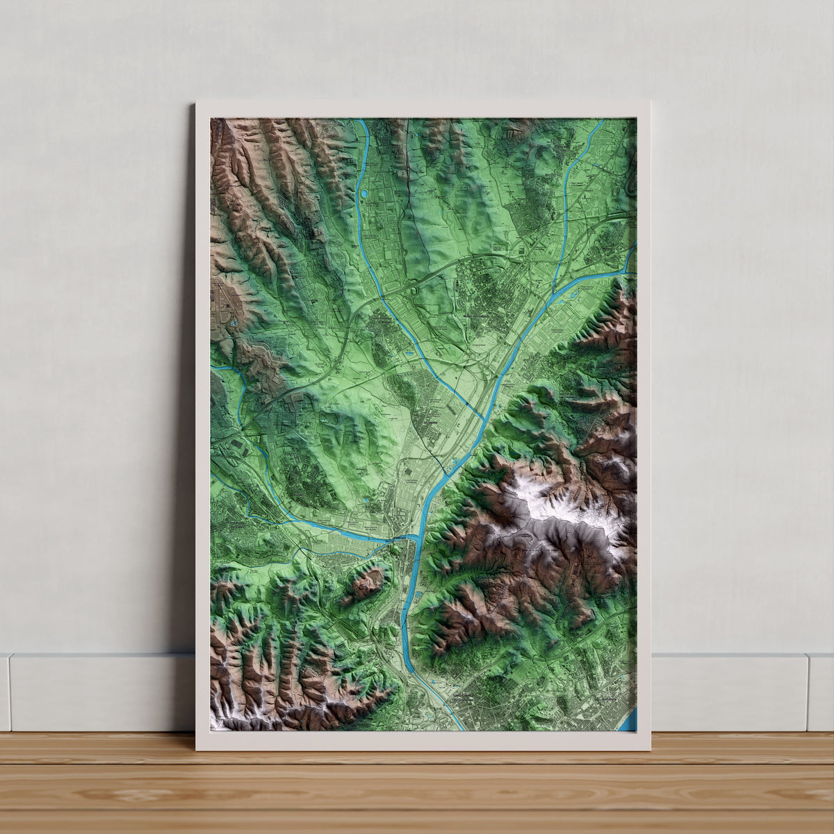 Mapa artístico del relieve de la Llagosta, al Vallès Oriental, con 15 km de entorno y base topográfica ICGC. Presentación enmarcada.