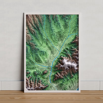 Mapa artístico del relieve de la Llagosta, al Vallès Oriental, con 15 km de entorno y base topográfica ICGC. Presentación enmarcada.