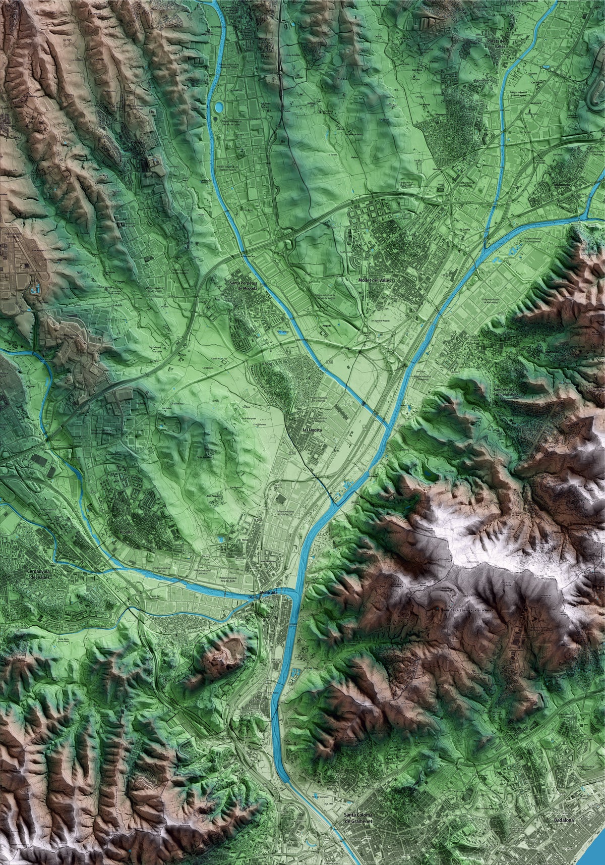 Mapa artístico del relieve de la Llagosta, al Vallès Oriental, con 15 km de entorno y base topográfica ICGC