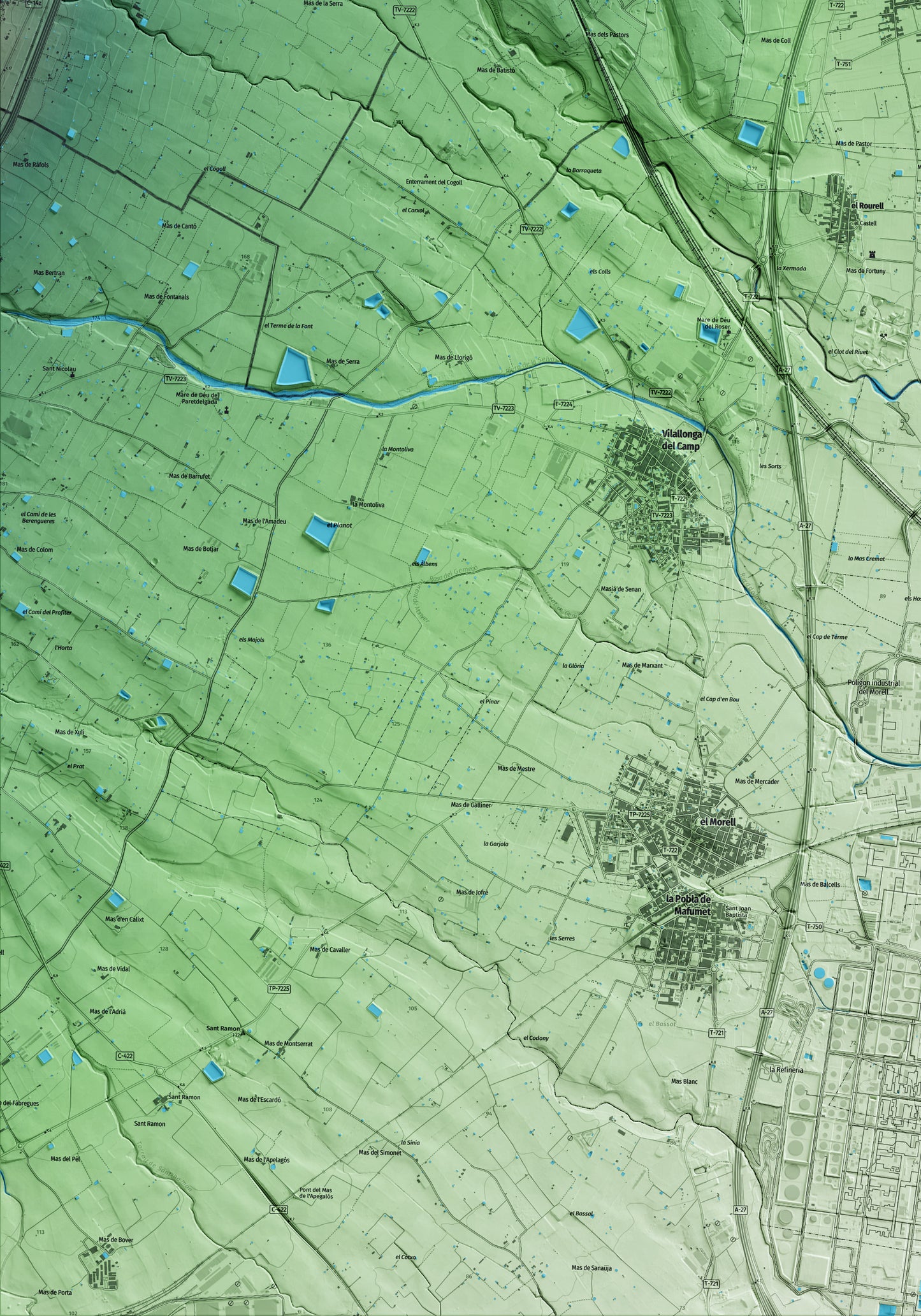 Mapa artístico del relieve de la Masó, al Alt Camp, con 15 km de entorno y base topográfica ICGC. Detalle de la zona inferior izquierda.