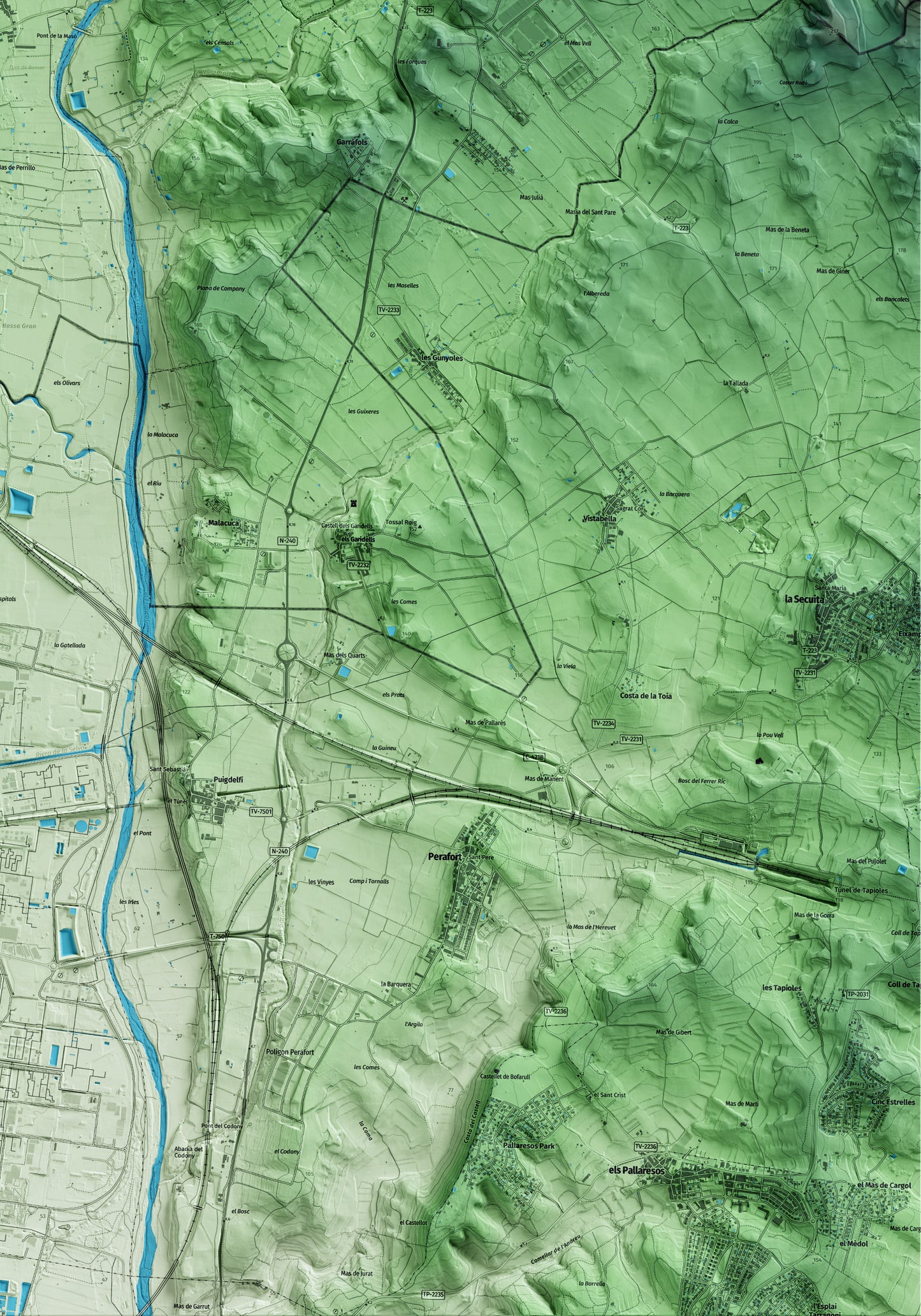 Mapa artístico del relieve de la Masó, al Alt Camp, con 15 km de entorno y base topográfica ICGC. Detalle de la zona inferior derecha.