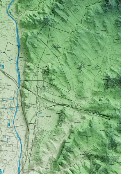 Mapa artístico del relieve de la Masó, al Alt Camp, con 15 km de entorno y base topográfica ICGC. Detalle de la zona inferior derecha.