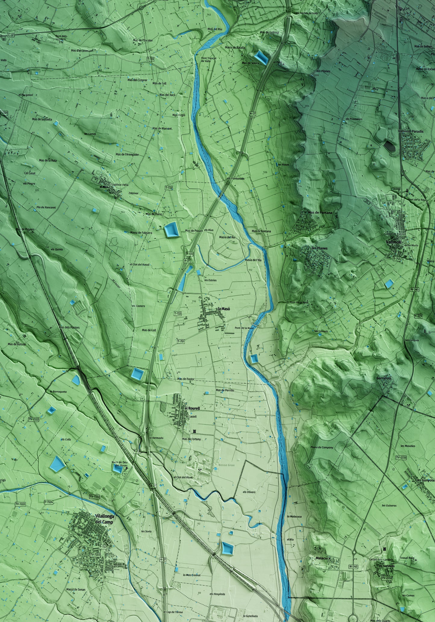Mapa artístico del relieve de la Masó, al Alt Camp, con 15 km de entorno y base topográfica ICGC. Detalle de la zona central.