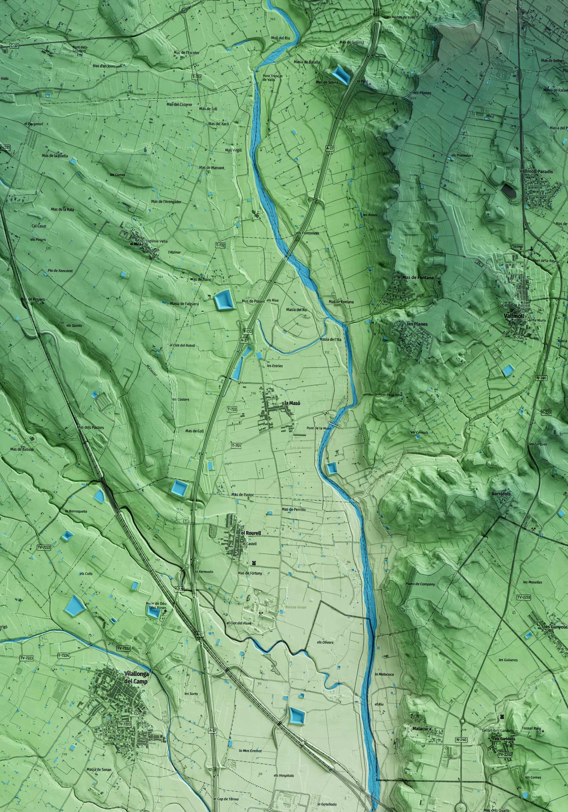 Mapa artístico del relieve de la Masó, al Alt Camp, con 15 km de entorno y base topográfica ICGC. Detalle de la zona central.