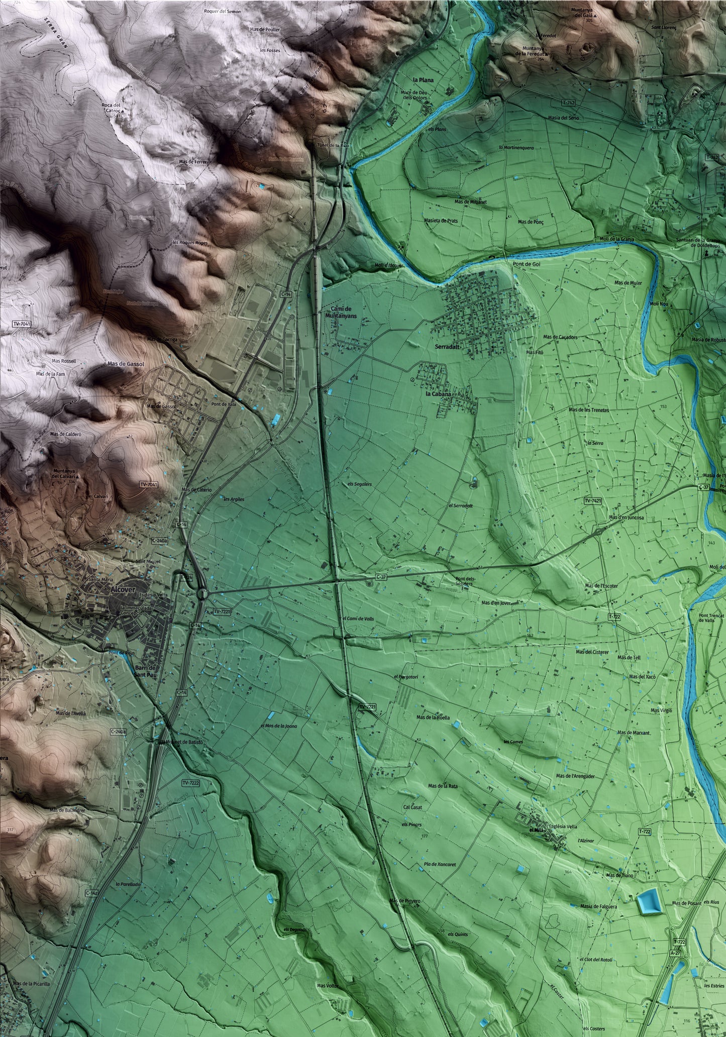 Mapa artístico del relieve de la Masó, al Alt Camp, con 15 km de entorno y base topográfica ICGC. Detalle de la zona superior izquierda.