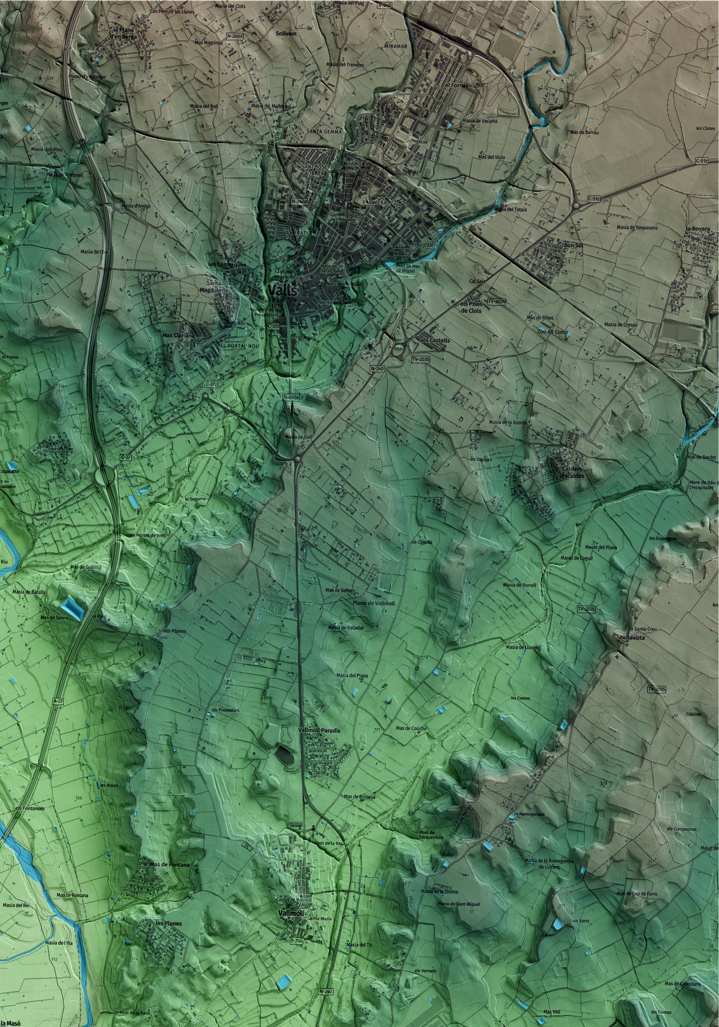 Mapa artístico del relieve de la Masó, al Alt Camp, con 15 km de entorno y base topográfica ICGC. Detalle de la zona superior derecha.