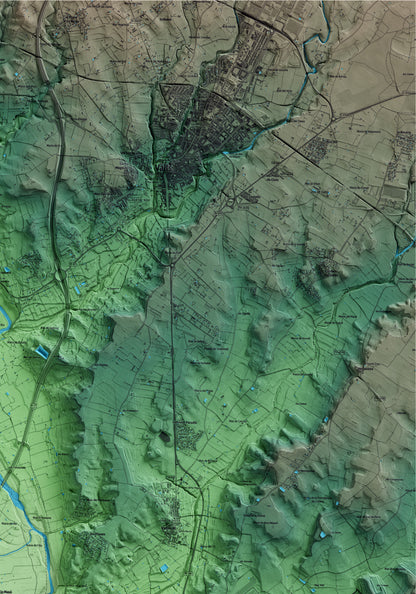 Mapa artístico del relieve de la Masó, al Alt Camp, con 15 km de entorno y base topográfica ICGC. Detalle de la zona superior derecha.