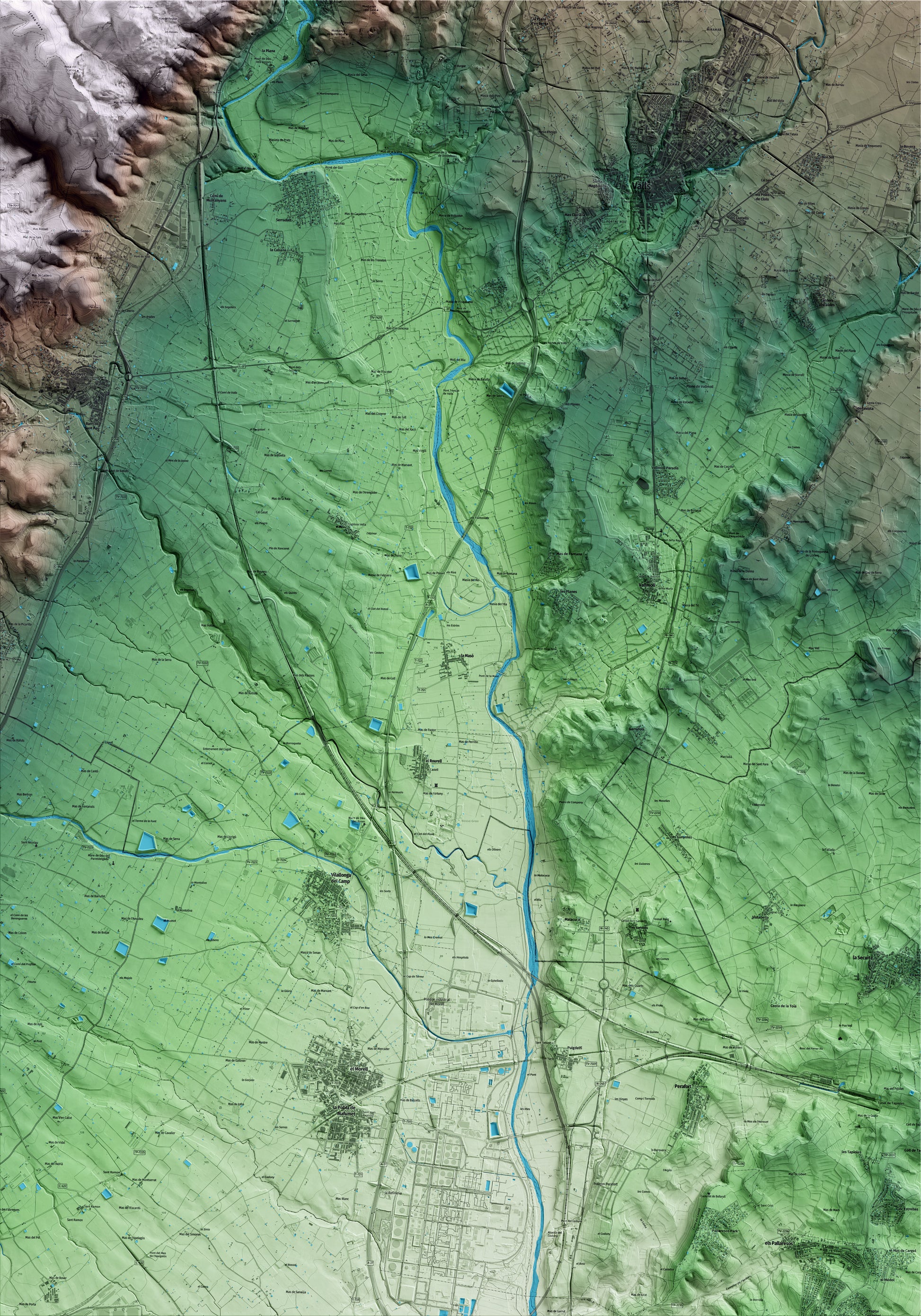 Mapa artístico del relieve de la Masó, al Alt Camp, con 15 km de entorno y base topográfica ICGC