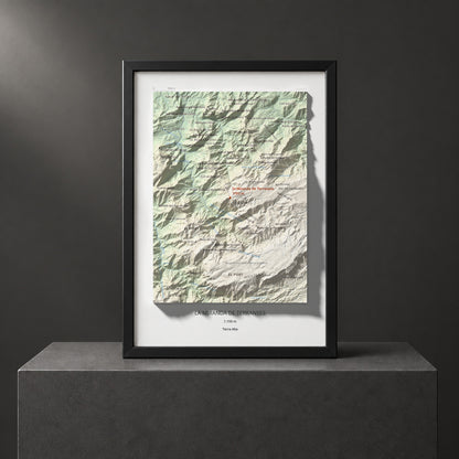 Mapa de relieve de la Miranda de Terranyes, 1193 m, Terra Alta, lámina 100 Cims de Trobart. Presentación enmarcada. 21 × 30 cm.