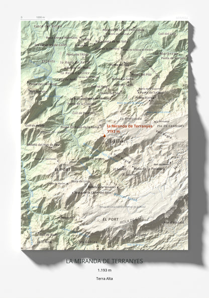 Mapa de relieve de la Miranda de Terranyes, 1193 m, Terra Alta, lámina 100 Cims de Trobart 21 × 30 cm.