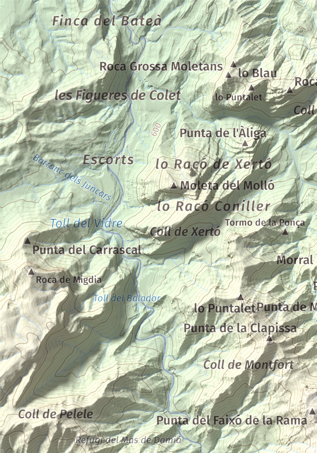 Mapa de relieve de la Miranda de Terranyes, 1193 m, Terra Alta, lámina 100 Cims de Trobart. Detalle de la zona superior izquierda. 21 × 30 cm.