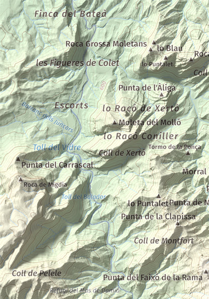 Mapa de relieve de la Miranda de Terranyes, 1193 m, Terra Alta, lámina 100 Cims de Trobart. Detalle de la zona superior izquierda. 21 × 30 cm.