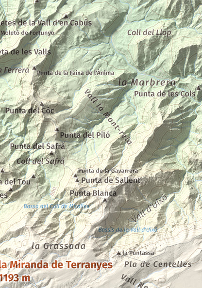 Mapa de relieve de la Miranda de Terranyes, 1193 m, Terra Alta, lámina 100 Cims de Trobart. Detalle de la zona superior derecha. 21 × 30 cm.