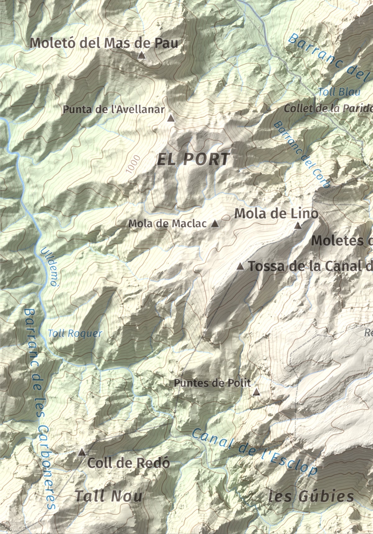 Mapa de relieve de la Miranda de Terranyes, 1193 m, Terra Alta, lámina 100 Cims de Trobart. Detalle de la zona inferior izquierda. 21 × 30 cm.